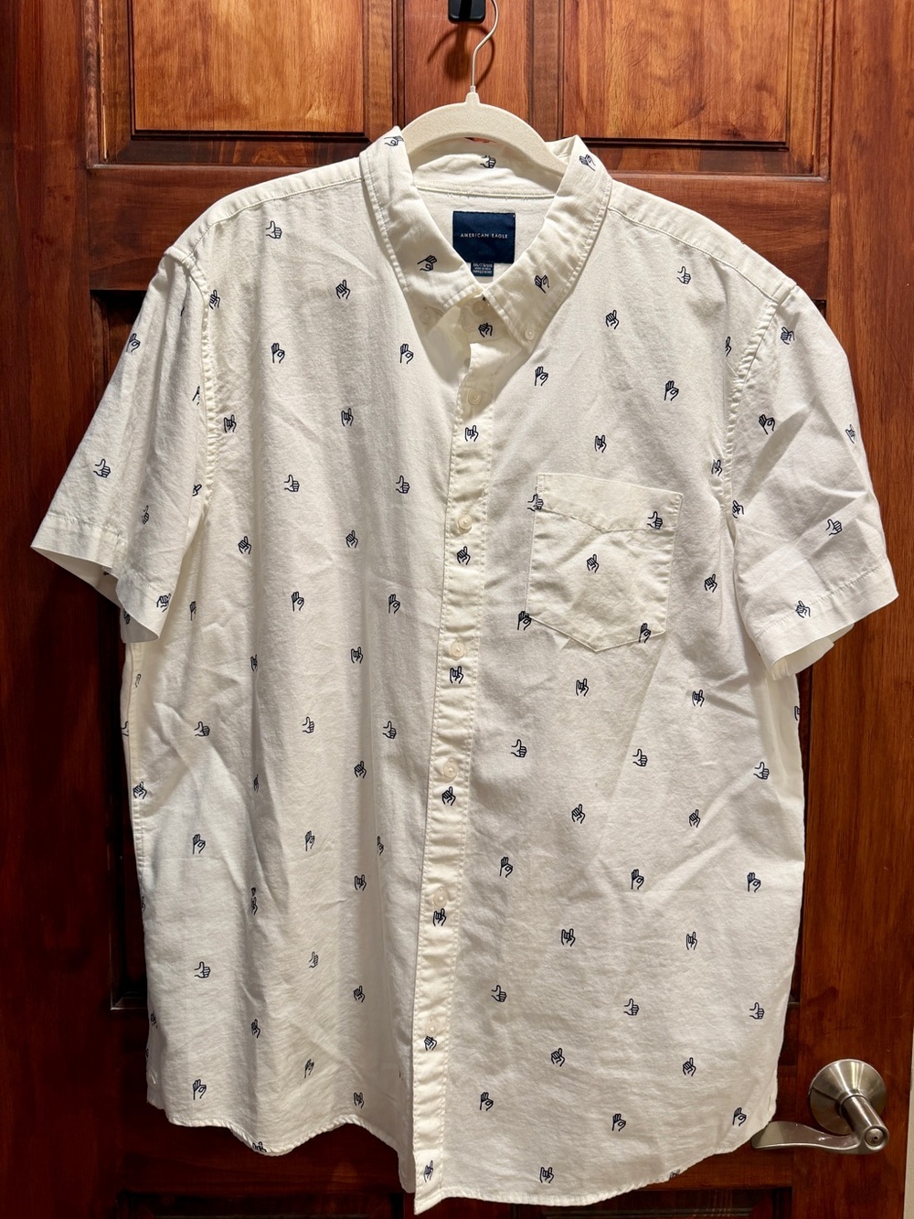 American Eagle Outfitters White Short-Sleeve Button-Up Shirt with Navy Print